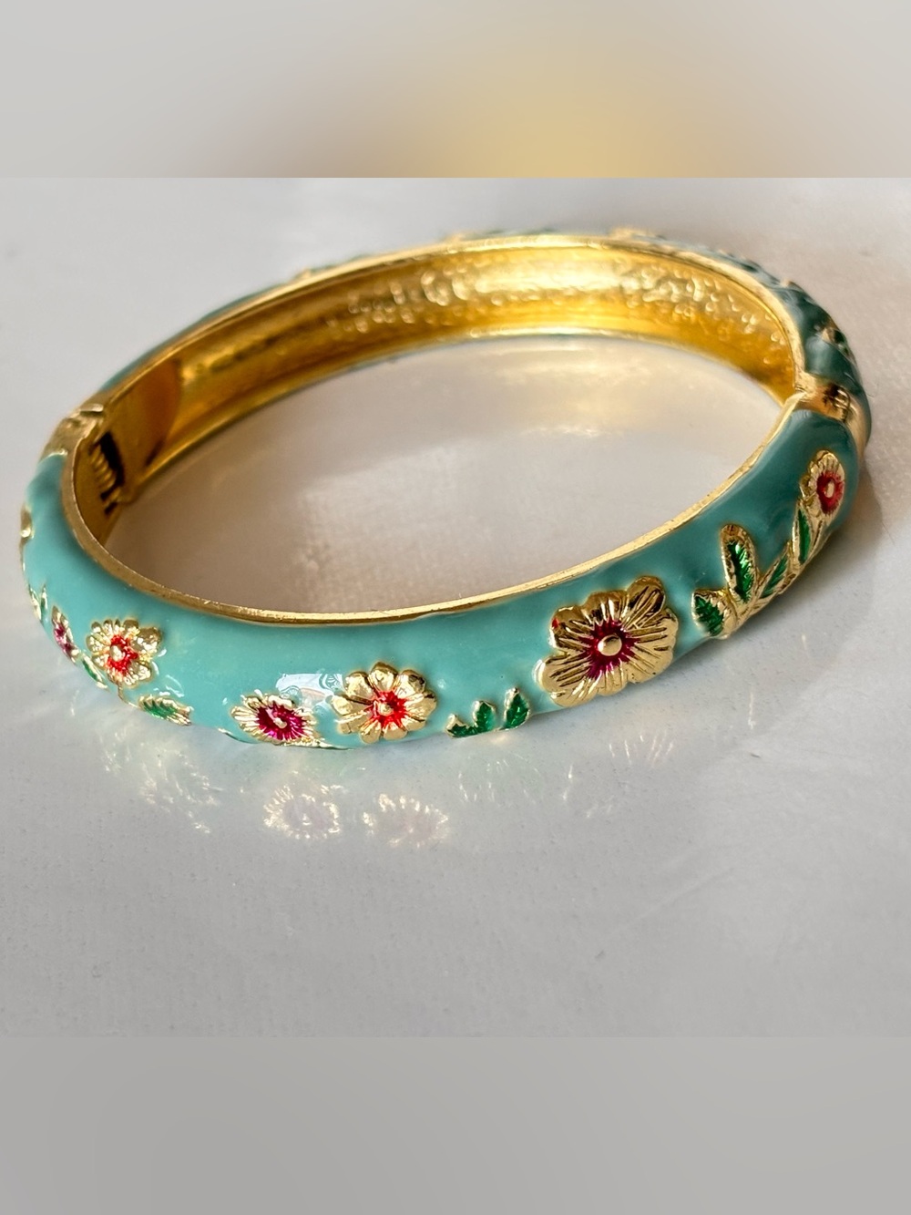 🦋2/25$ Jiu Long Xing Gold Tone Enamel Clamper Bracelet turquoise with flowers